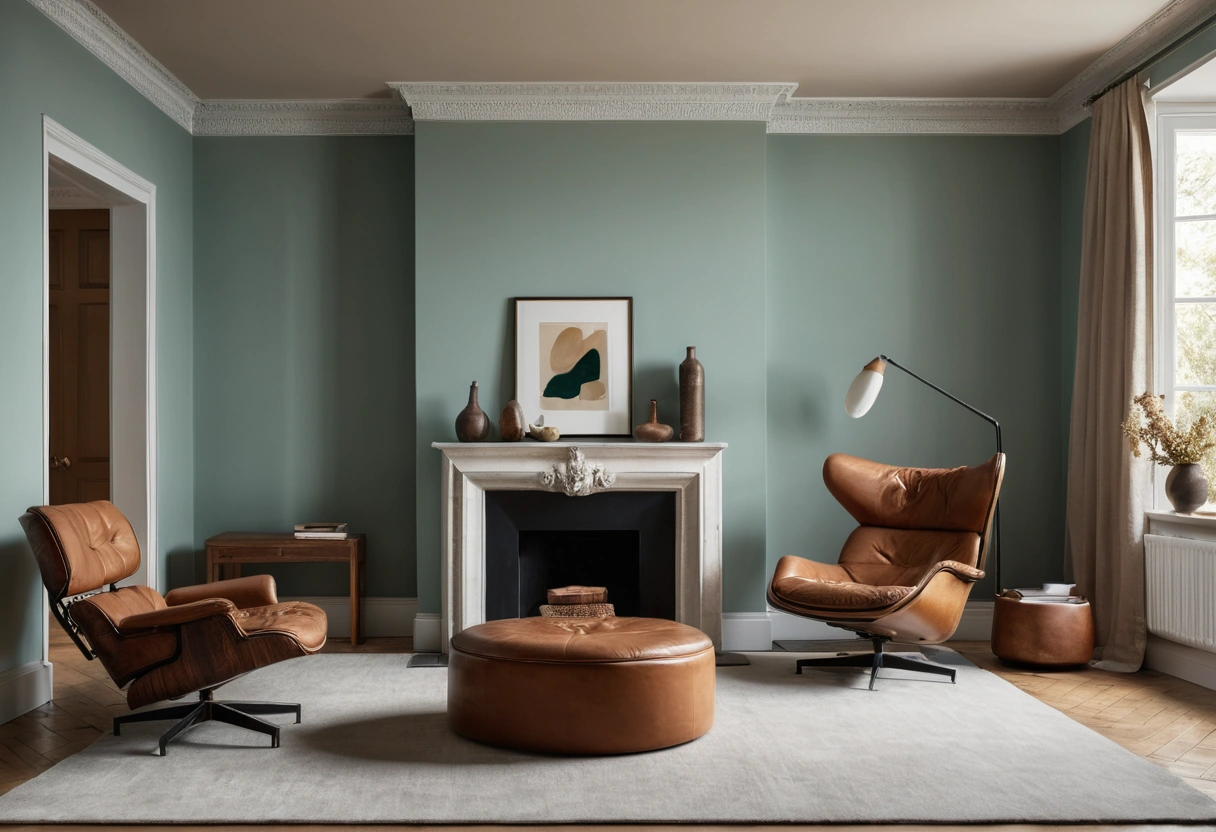 A sitting room where large pale sage walls dwarf a caramel armchair and a single small teal cushion.