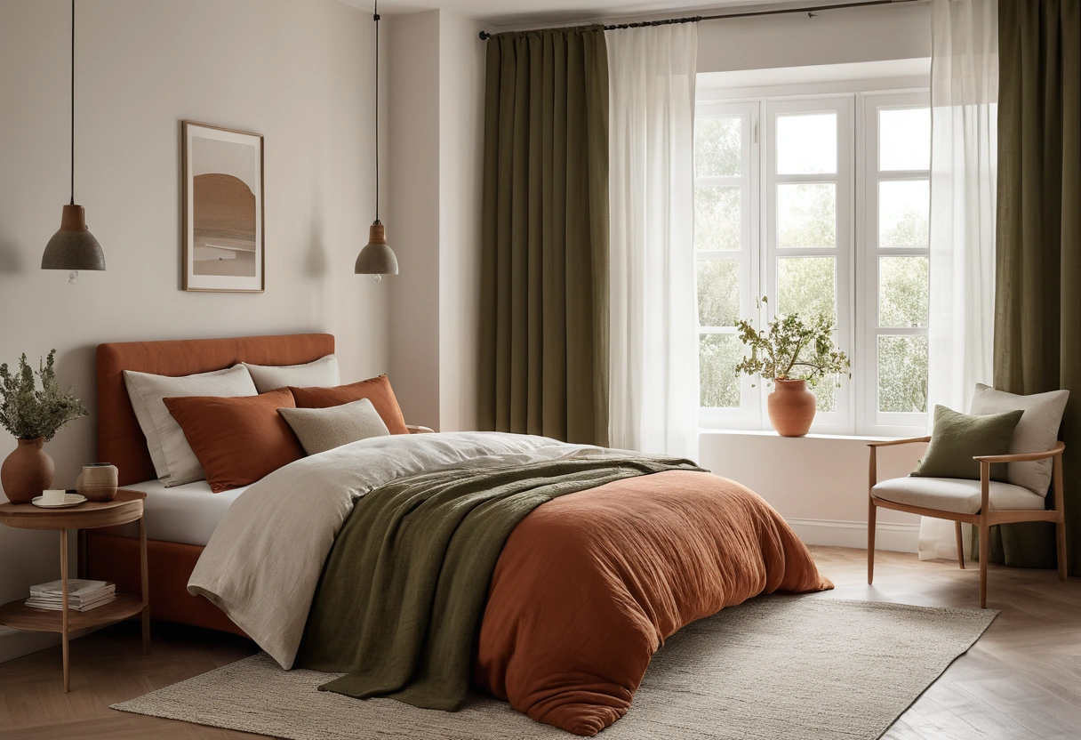 A bedroom with warm white walls, a terracotta duvet and curtains, and small olive-green pillows and a ceramic lamp.