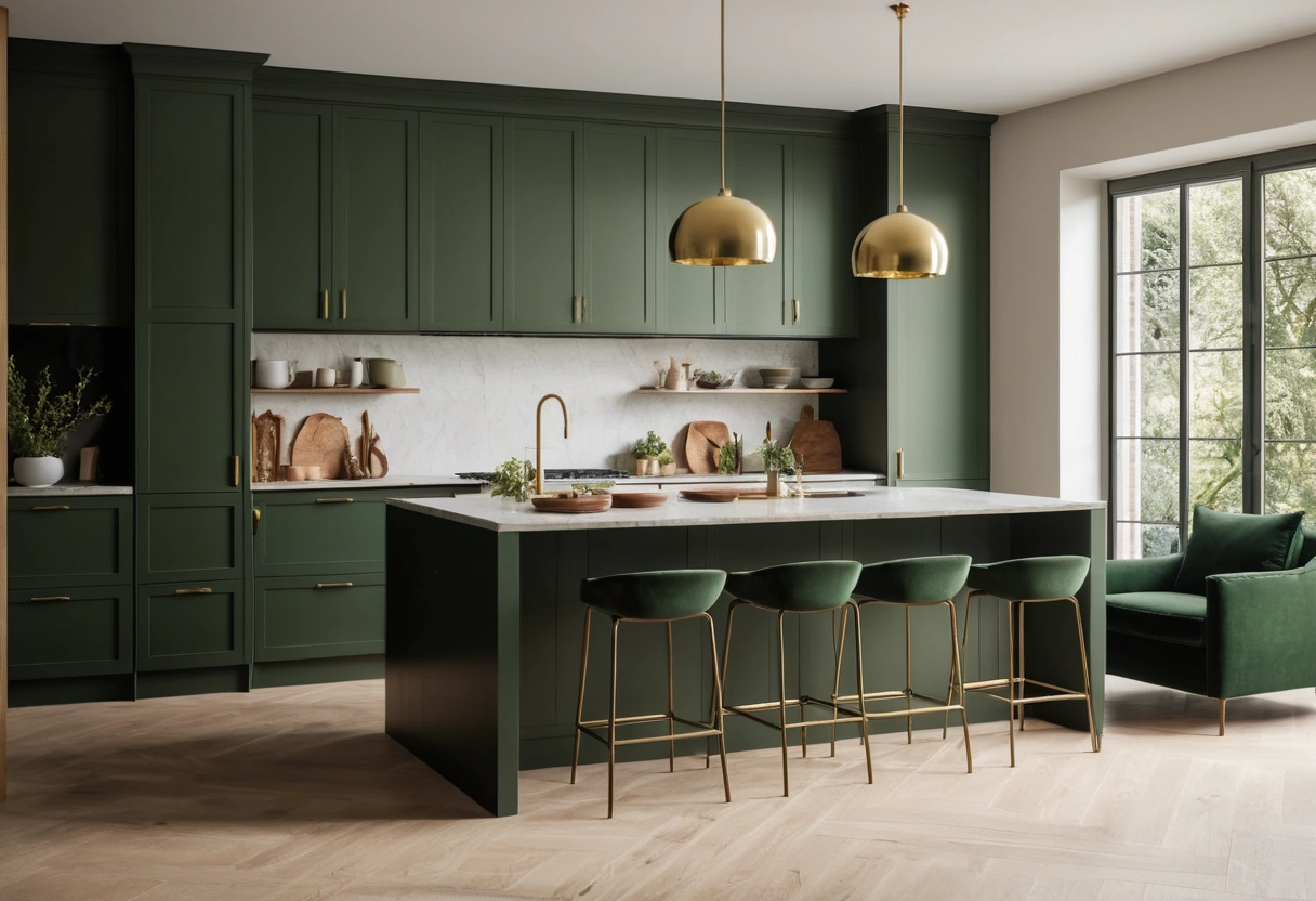 An open-plan kitchen and living area with oat-colored walls, a deep green island and armchair, and repeating brass accents.