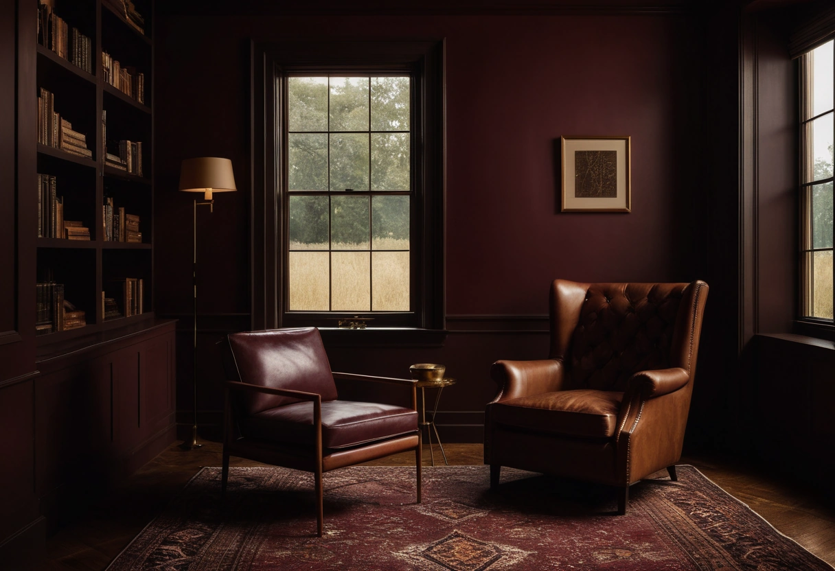 A den with walls, trim, and shelving all painted deep burgundy, softened by a caramel leather chair and a brass table.