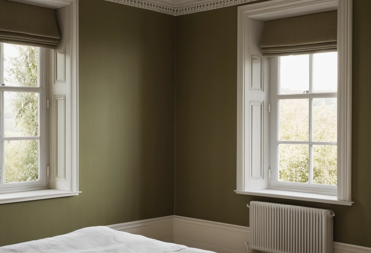 A bedroom corner where walls, skirting, door frame, radiator, and cornice are all painted one olive green.