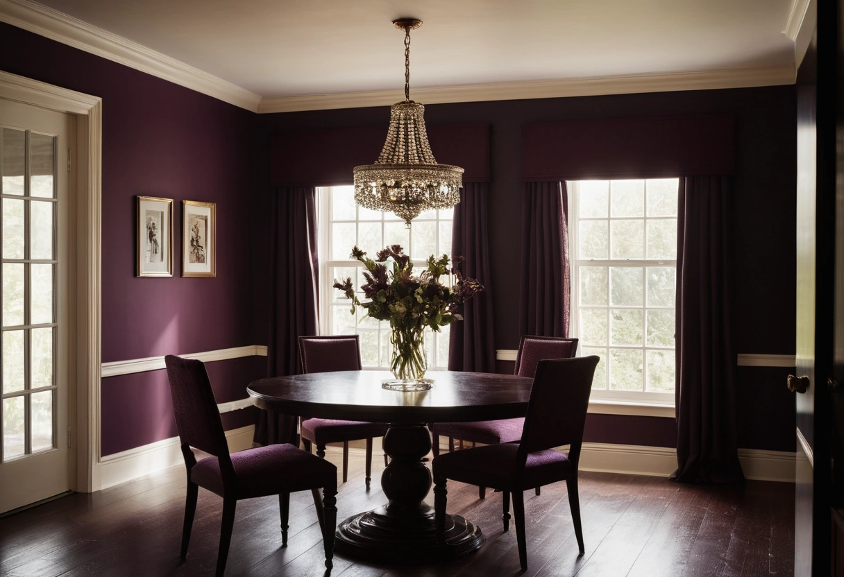 A small dining room painted rich aubergine on walls, trim, and ceiling, with a dark round table and cream candlesticks.