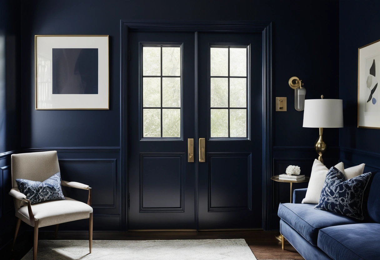A navy room where the matte walls, satin trim, and glossy door are the same color in three different finishes.