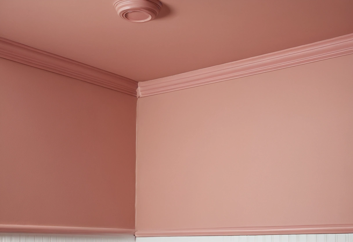 A close view of a clay-pink room where the picture rail, window frame, vent, and ceiling edge share the same paint.