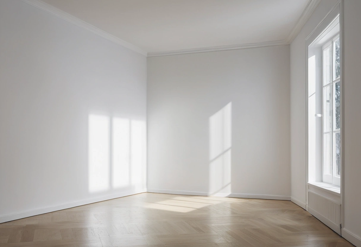A small white-painted room where daylight makes the corners, ceiling line, and shadow edges sharply visible.