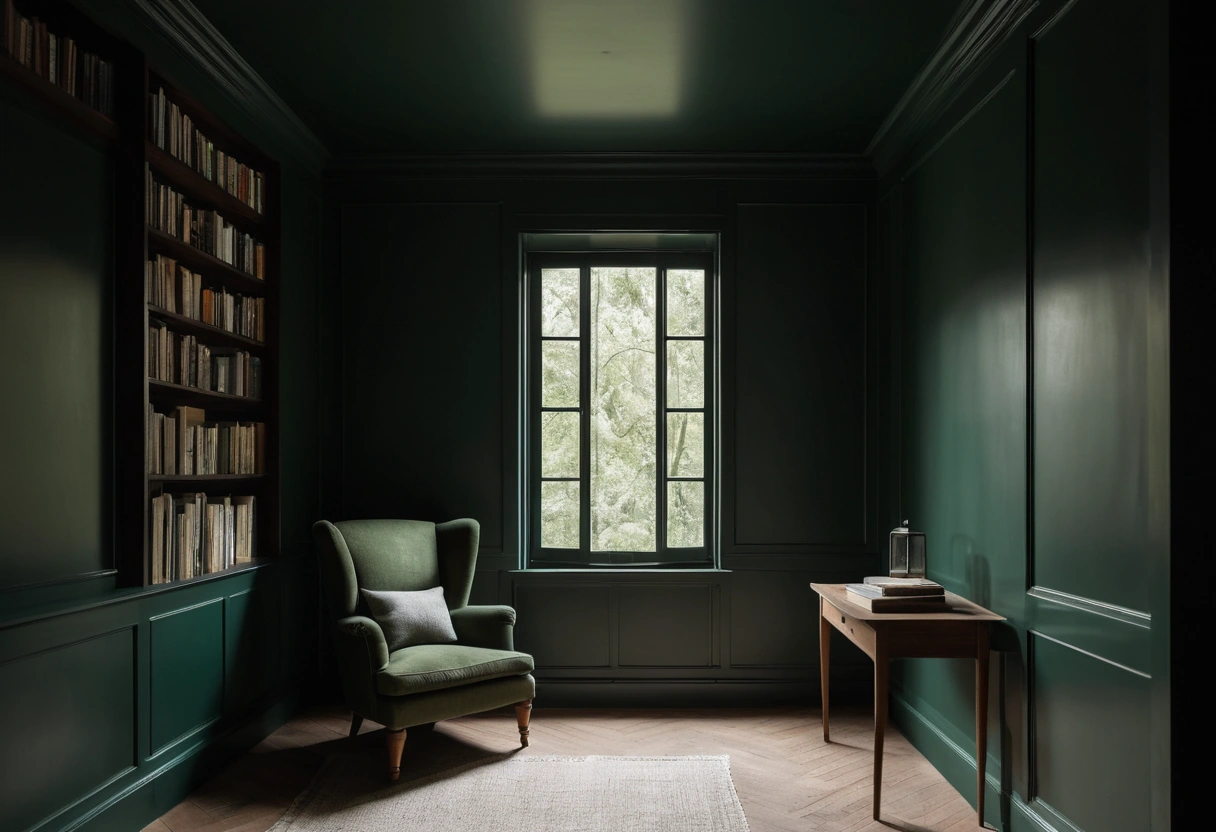 A small reading room painted deep green on walls and ceiling, with corners fading into soft shadow.