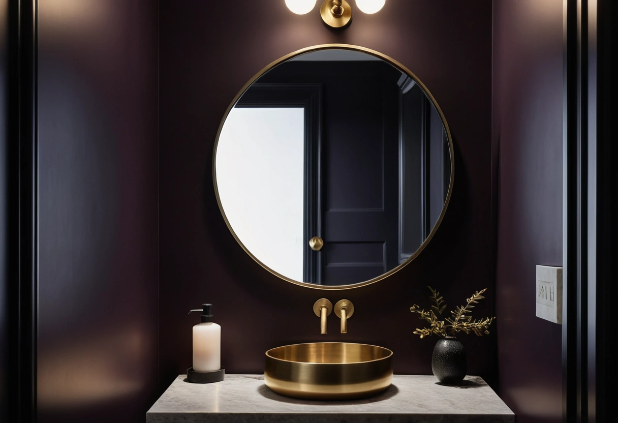 A small powder room with dark aubergine walls, a brass mirror, a stone basin, and a lit sconce beside a frosted window.