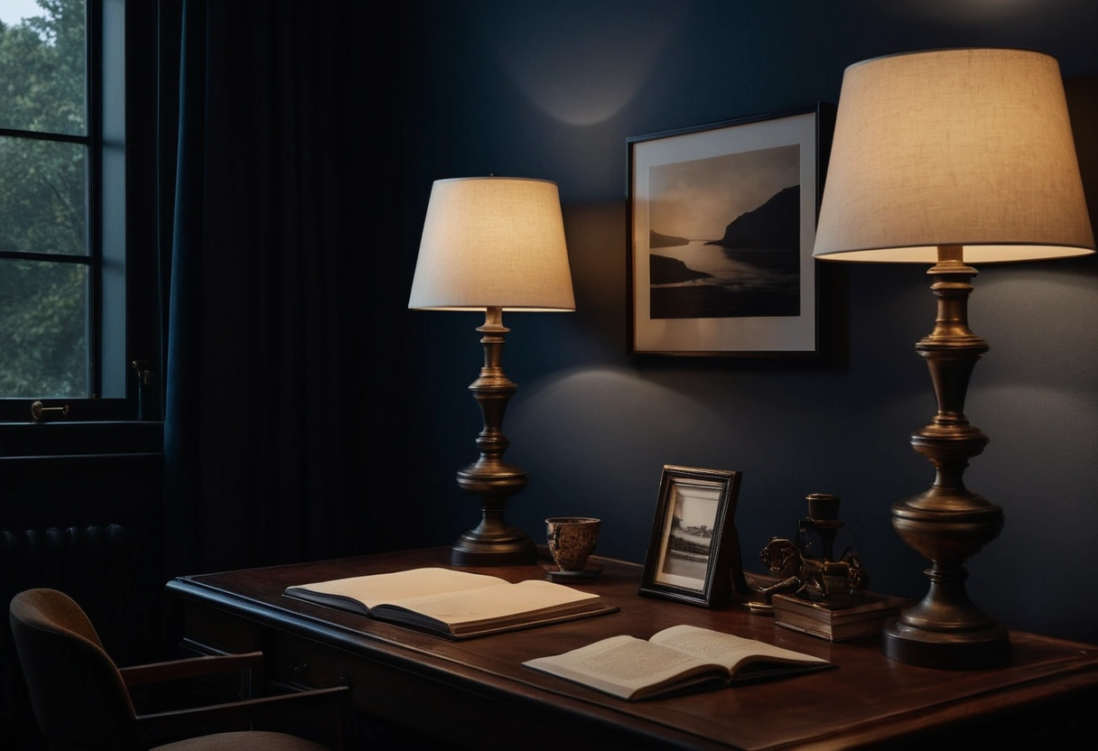 A dark navy office lit by a desk lamp, a picture light over a framed painting, and a small corner lamp at dusk.