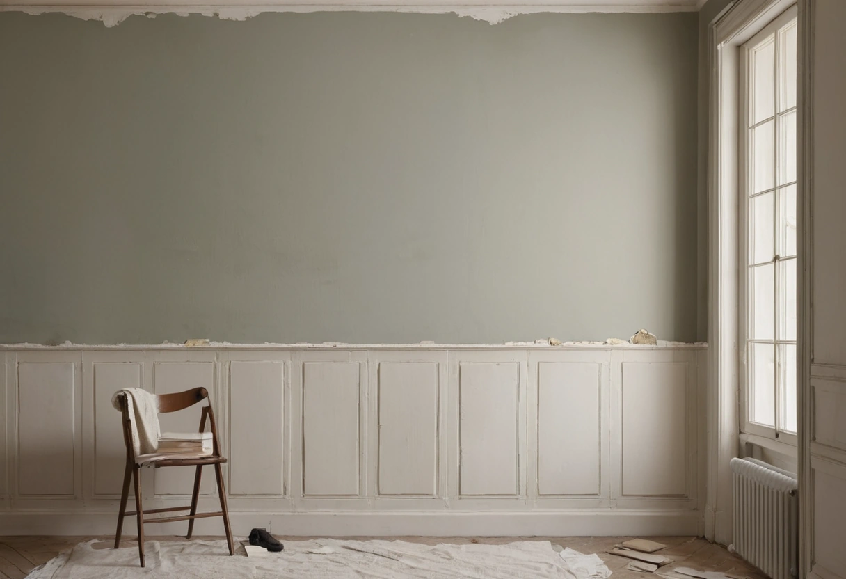 A large painted sample board leaning against a bedroom wall beside two small patches painted directly on the old color.