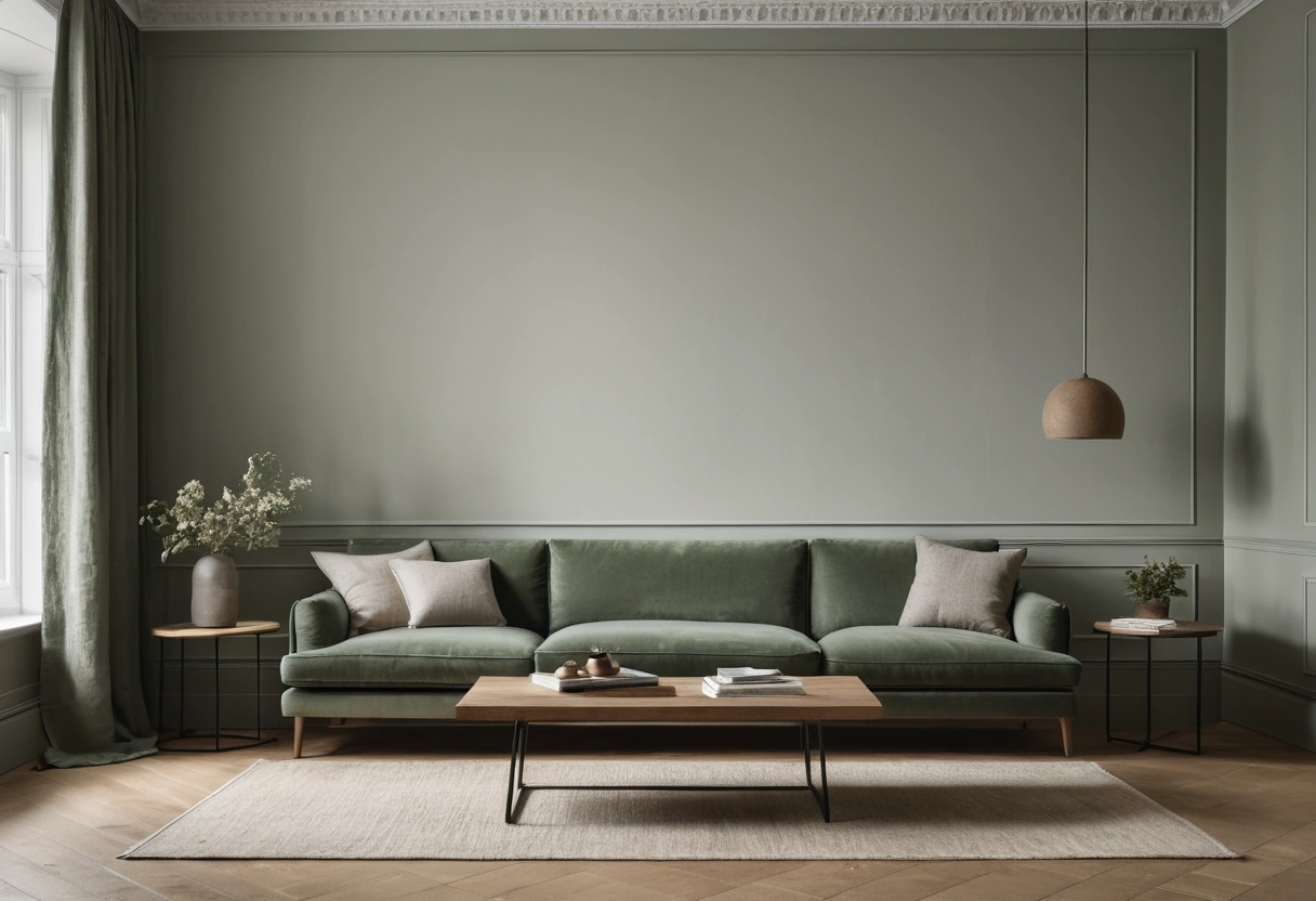 Three sample boards painted in closely related muted greens standing side by side along a living room wall.