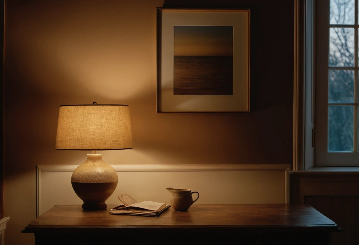 A painted sample board against a dining room wall at dusk, lit partly by low evening window light and partly by a lamp.