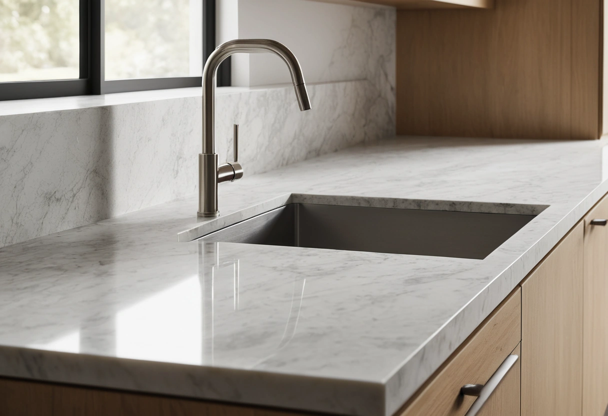 A painted sample board propped on a kitchen countertop against the backsplash, next to wood cabinets and a stainless faucet.