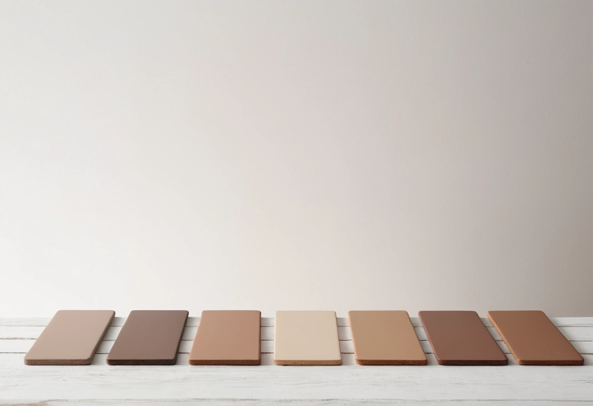 Five sample boards in the same clay color but different finishes, from flat to glossy, lit by raking side light.