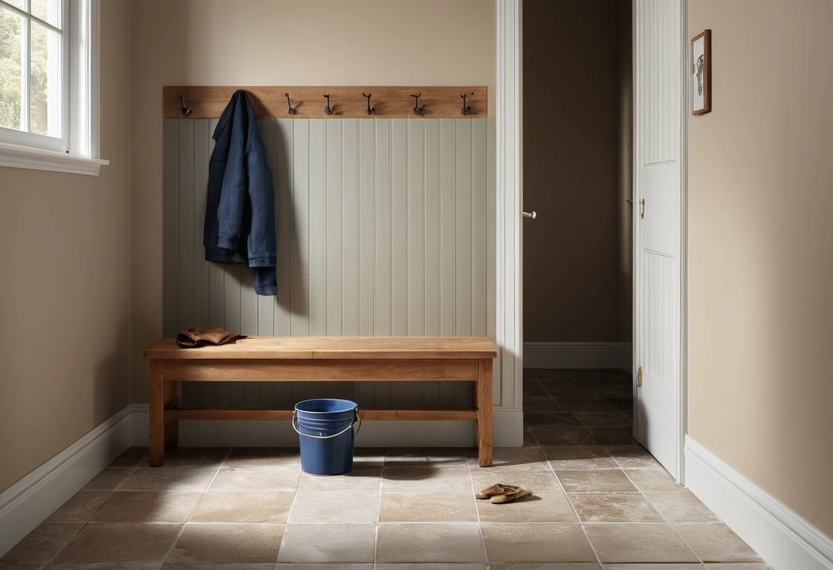 A mudroom with satin putty-colored walls, a wooden bench, and a sponge and bucket on the tile floor near faint scuff marks.