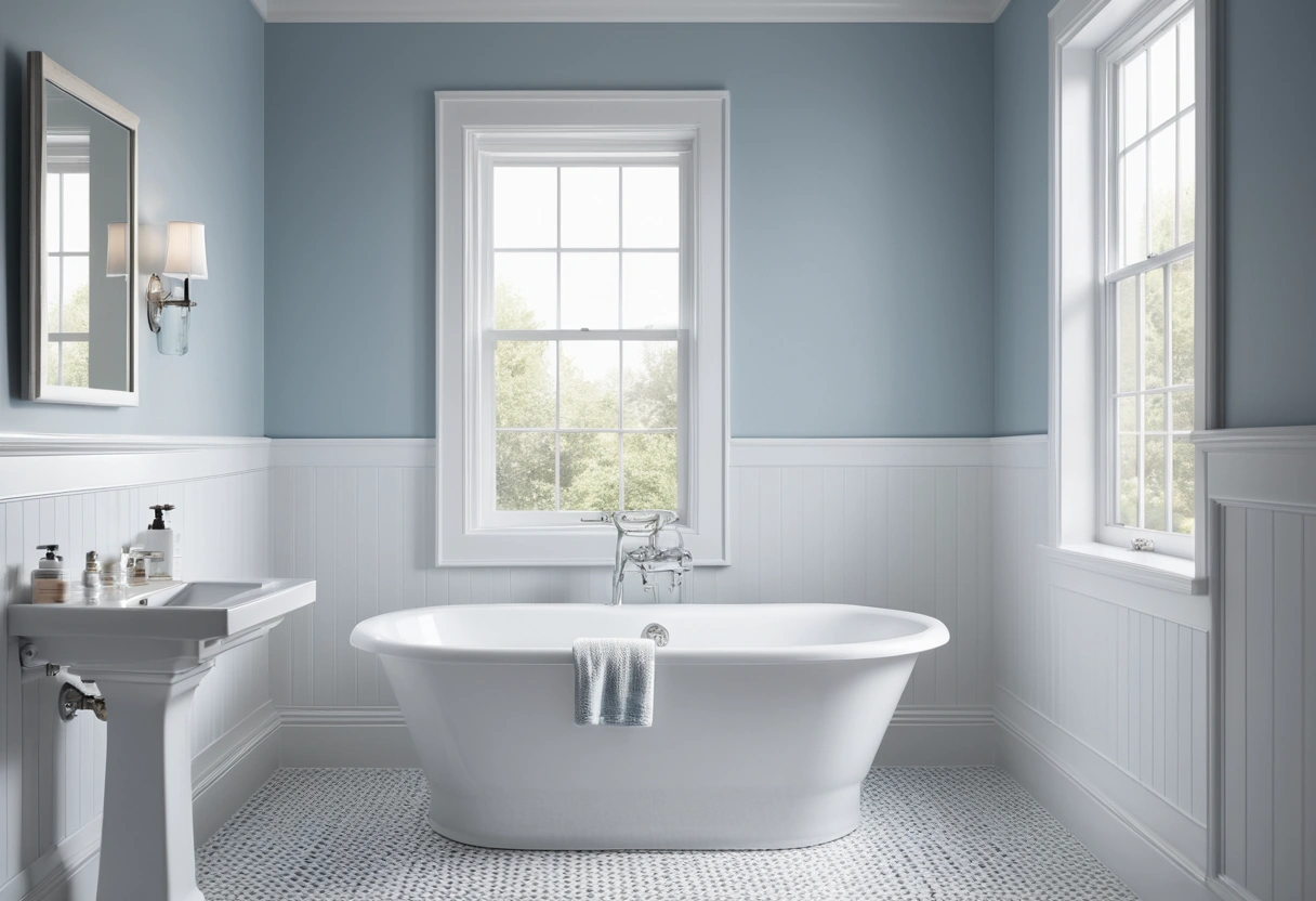 A bathroom with satin blue-gray walls, semi-gloss white trim, and a white tub lit from a frosted window.