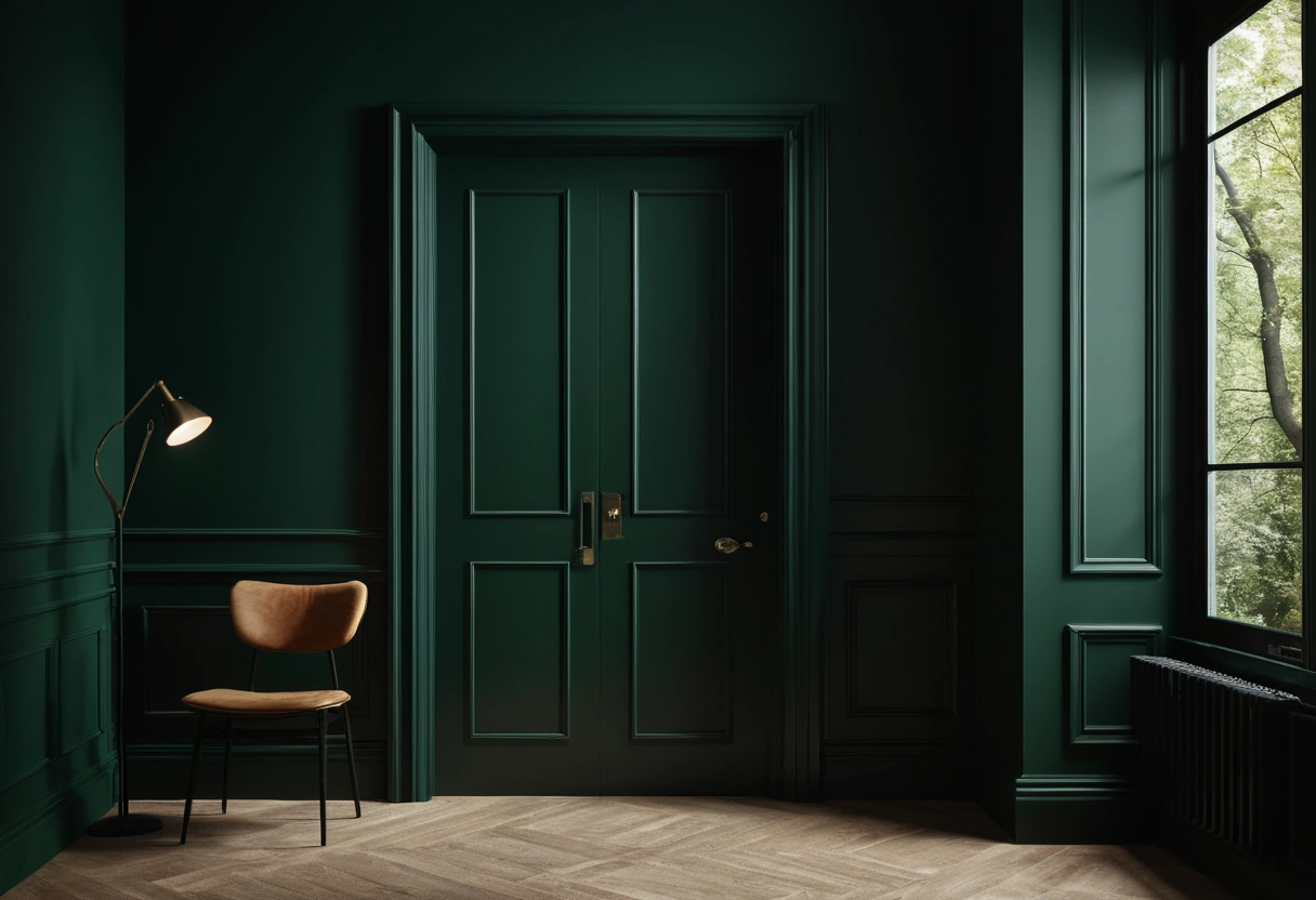 A forest-green room where the matte walls look soft and dark while a glossy door in the same green looks brighter.