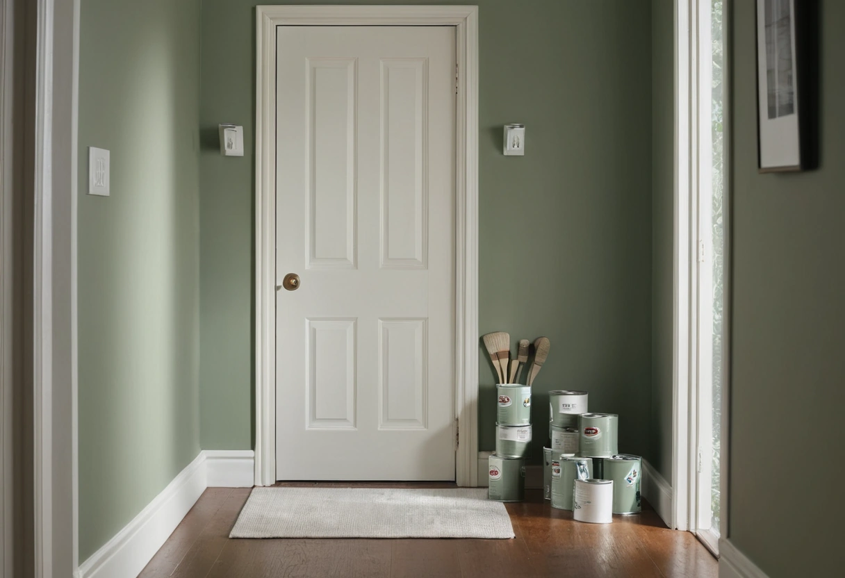A hallway with matte sage-green walls and glossy white door trim, with paint cans and a roller tray on a drop cloth.