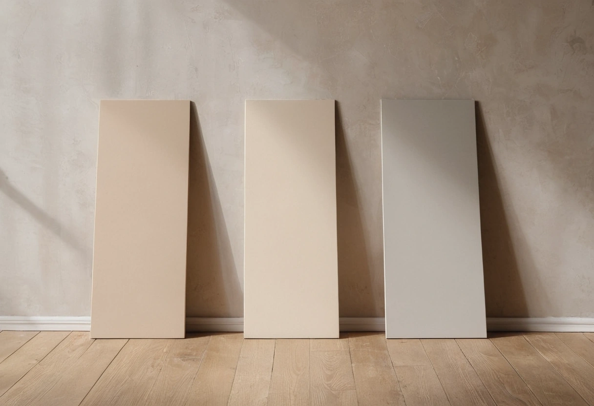 Three painted sample boards in similar beige tones leaning against a hallway wall in daylight.