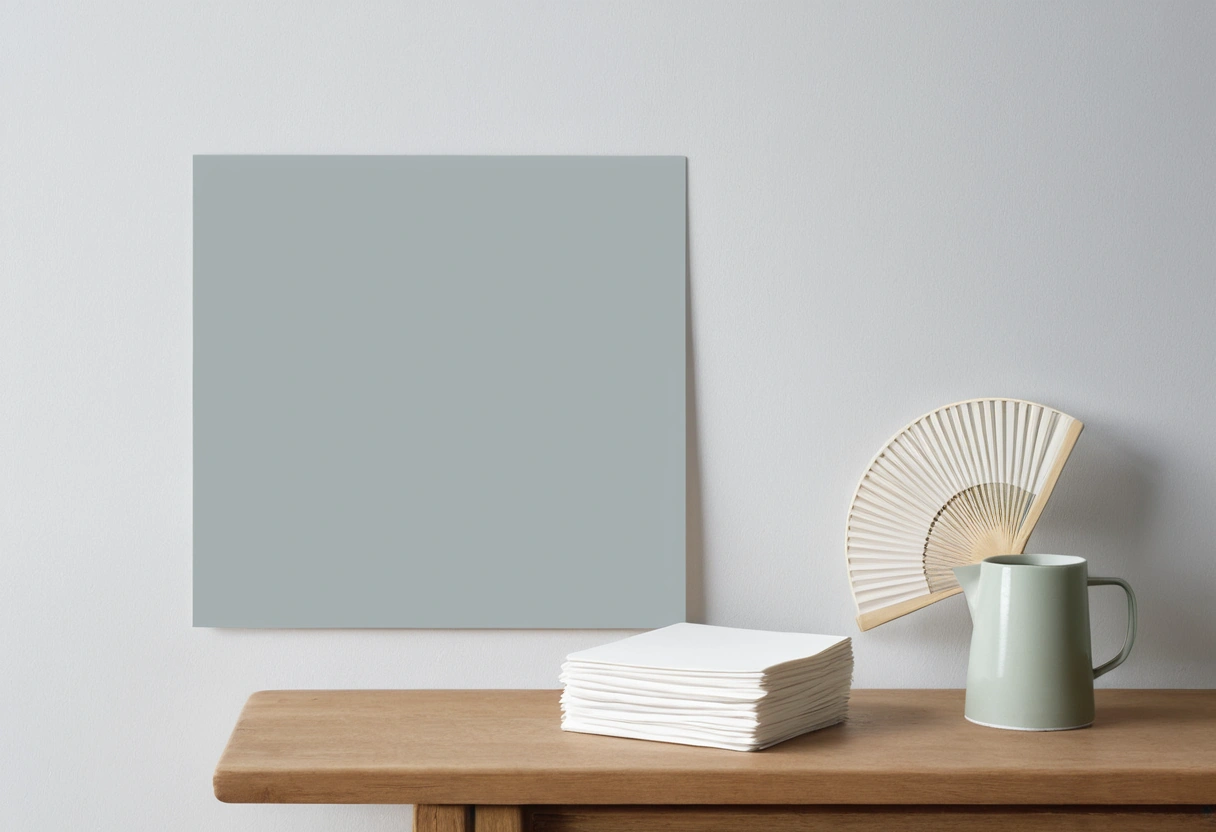 A plain white card held against two gray painted swatches on a wall, making their faint blue and green casts visible.