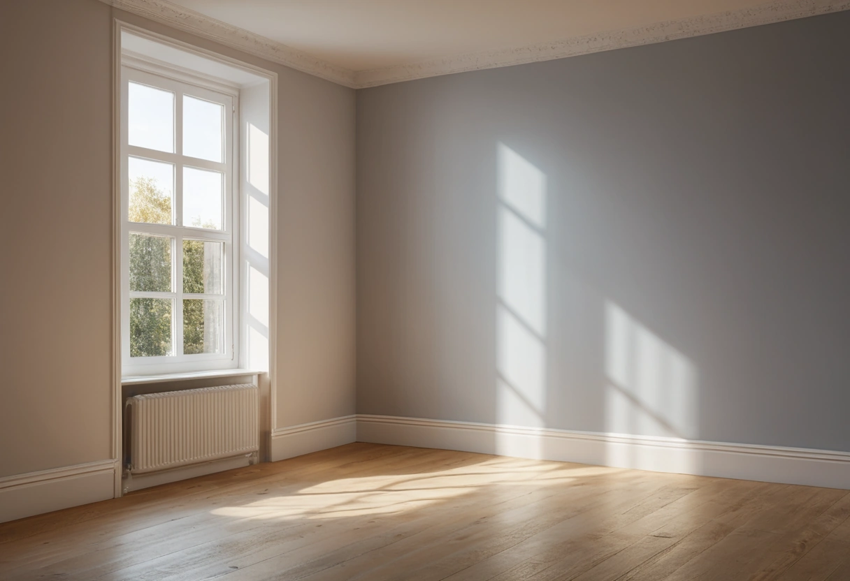 A room corner where the same greige paint looks cooler on one wall and warmer on the other under light from two different windows.