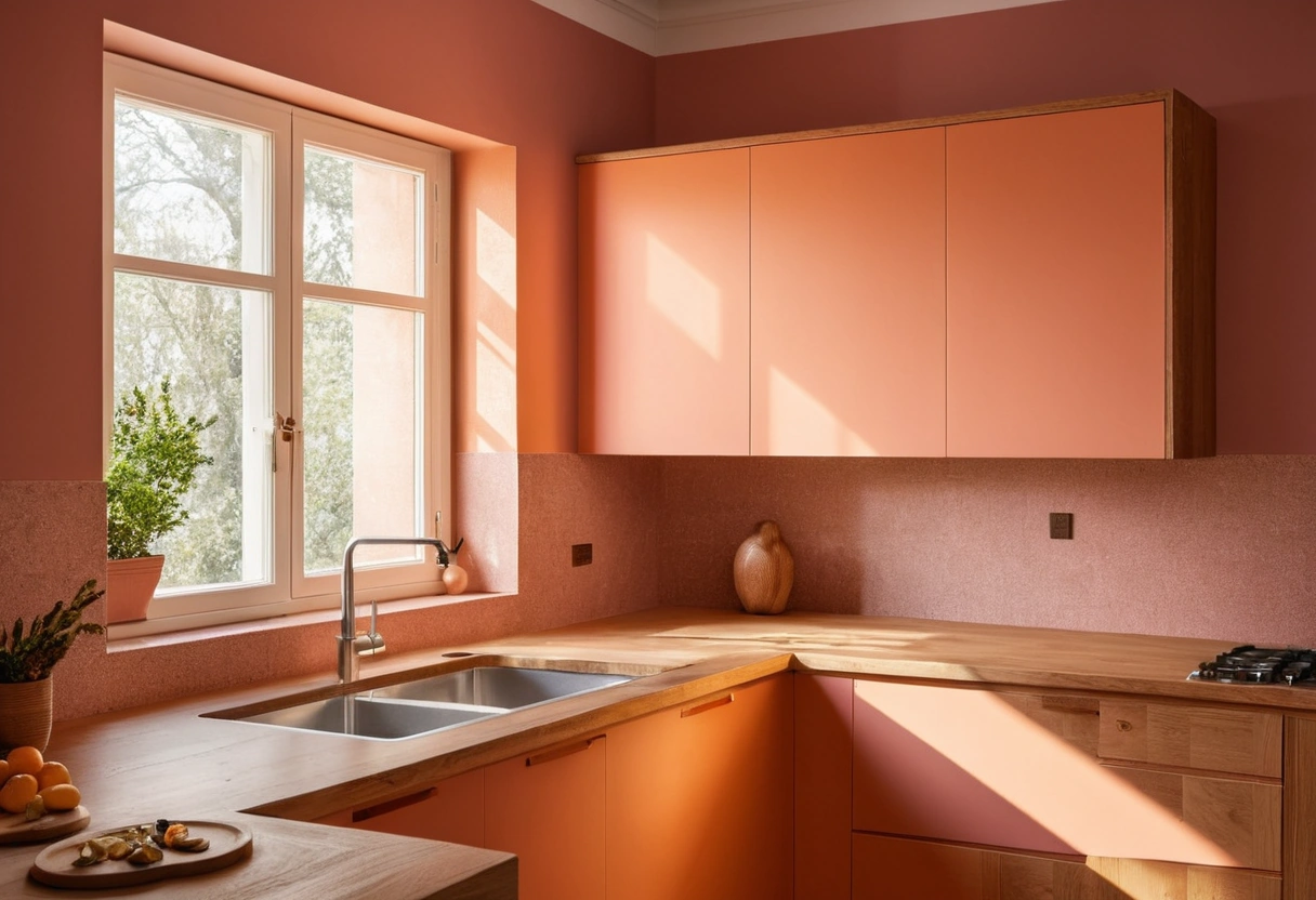 A kitchen where a pink-beige wall sits uneasily next to orange-toned oak cabinets and a cream countertop.
