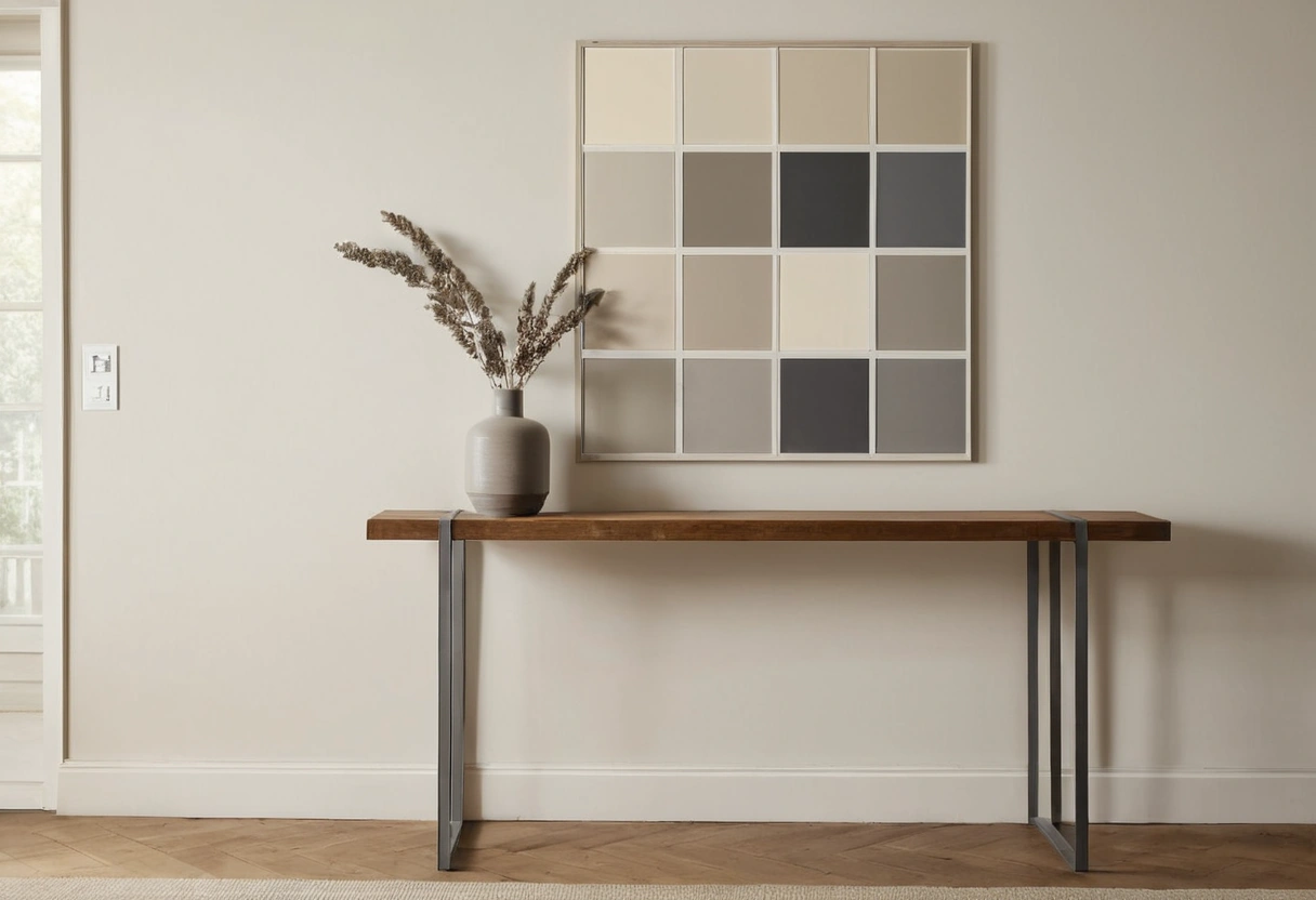 A row of painted swatch squares on a wall shifting gradually from warm cream to cool steel gray.