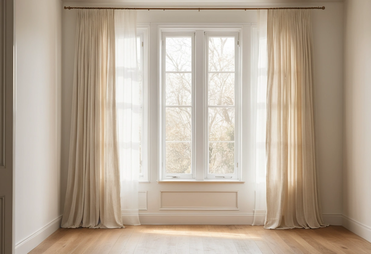 A bedroom with pale ivory walls reflecting sunlight across a white oak floor, with one corner in soft shadow.