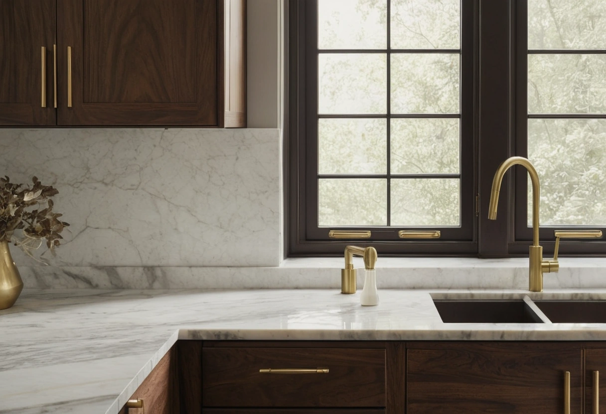 Two painted sample boards in different neutrals leaning against walnut kitchen cabinets next to a marble countertop.