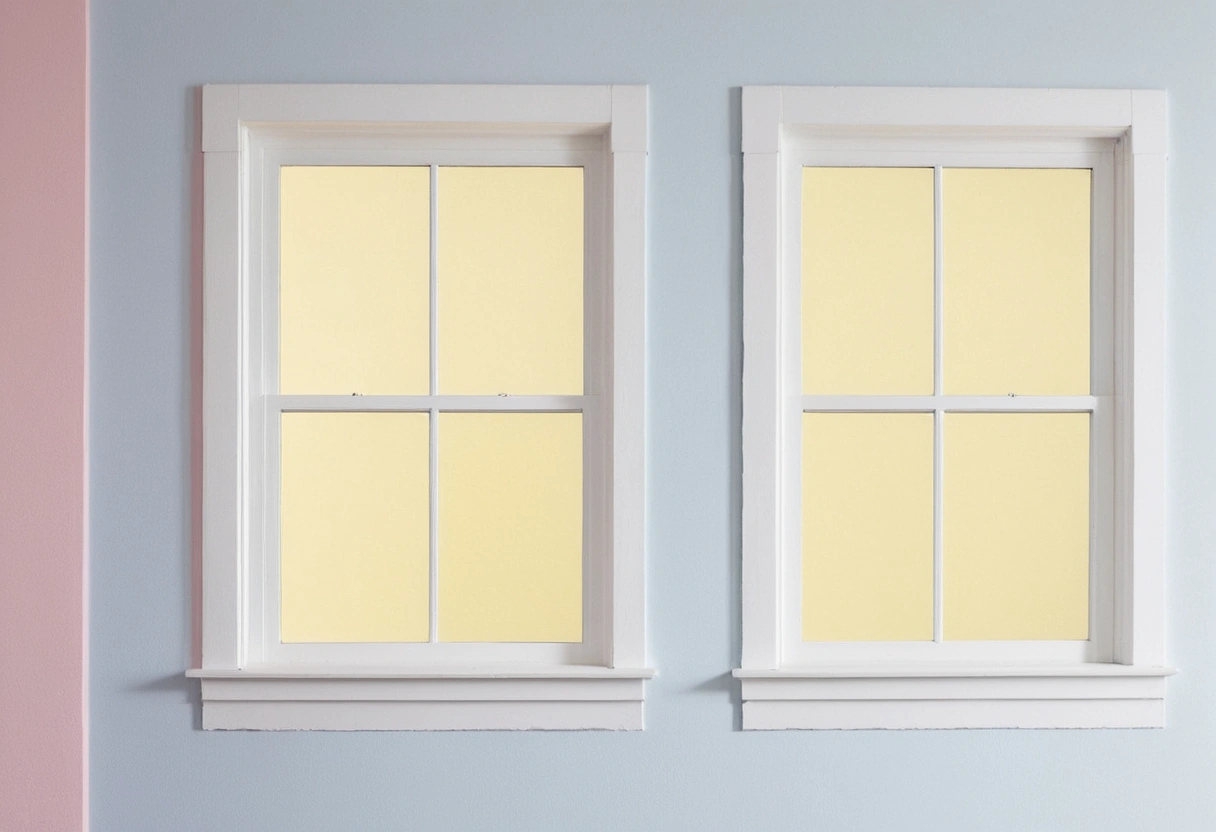 Four white paint swatches on a wall near a window, each showing a slightly different cast against the white trim.