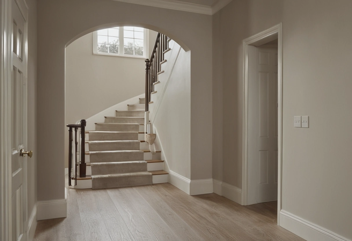 A hallway and stair landing painted a single soft greige, with doors ajar and a runner on the stairs.