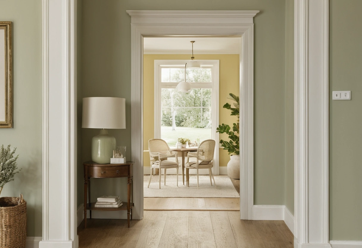 A warm cream living room seen through a doorway into a sage-green study, with matching oak floors in both rooms.