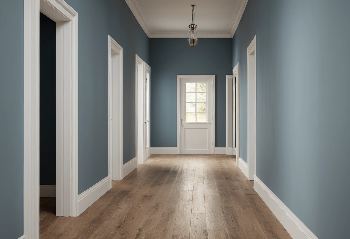 A corridor where a dusty blue room, a warm white hall, and a clay-toned dining room are all visible through open doors.