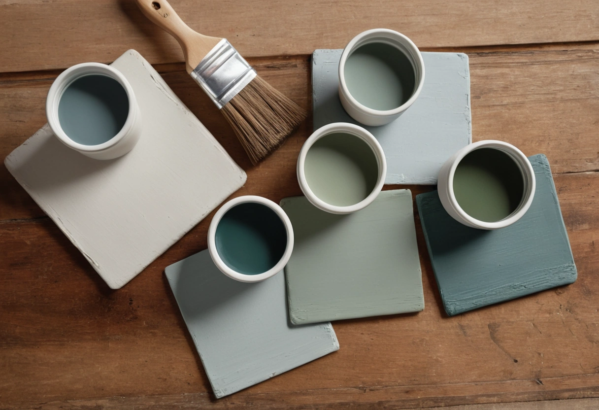 Six painted sample boards in warm white, greige, sage, dusty blue, clay, and deep green grouped on a wooden table.
