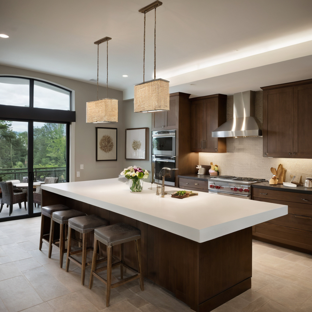 Luxury interior image showing Start pendant kitchen island lighting with island length and fixture width