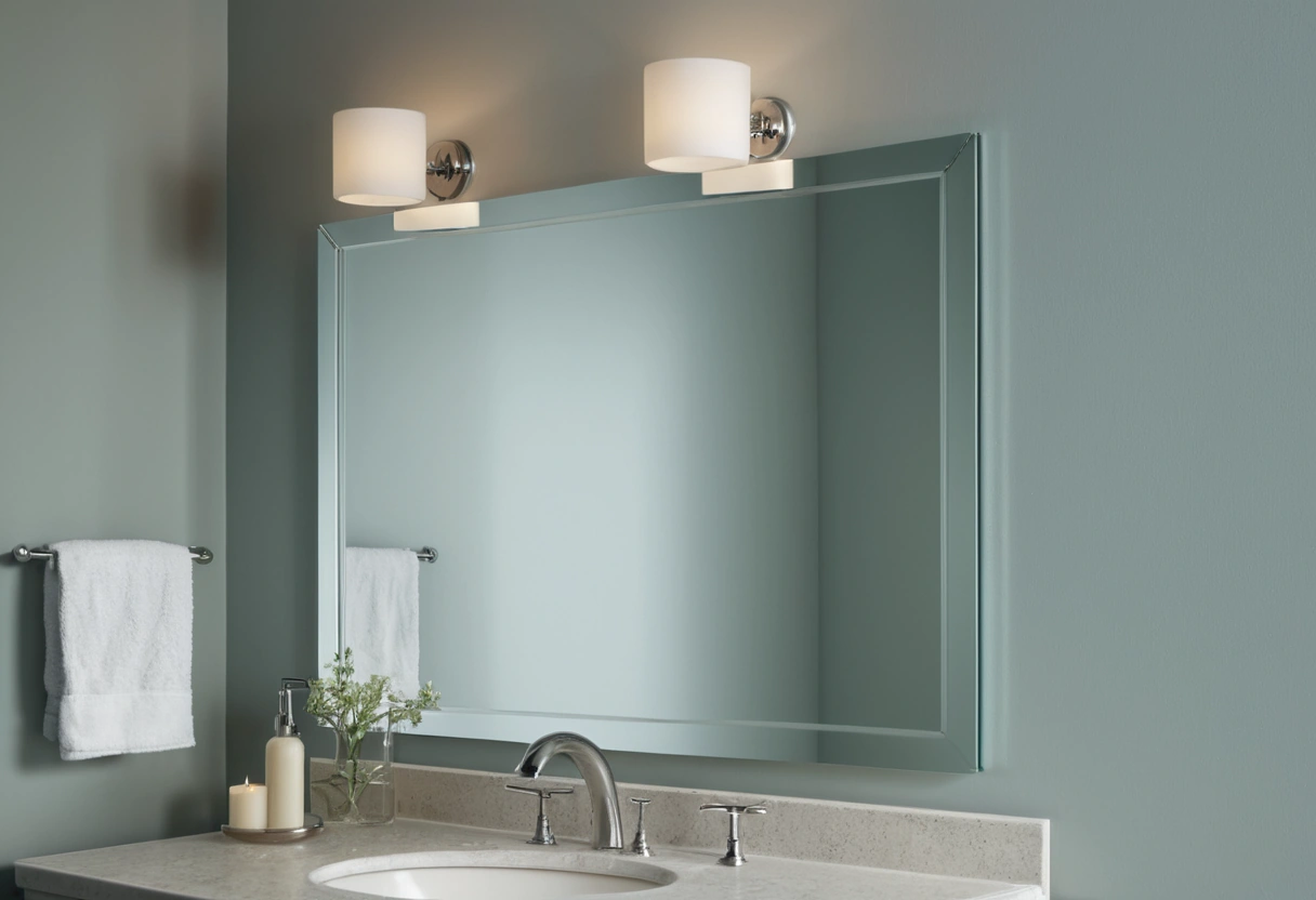A close view of a bathroom mirror with vertical frosted sconces on both sides casting soft even light.