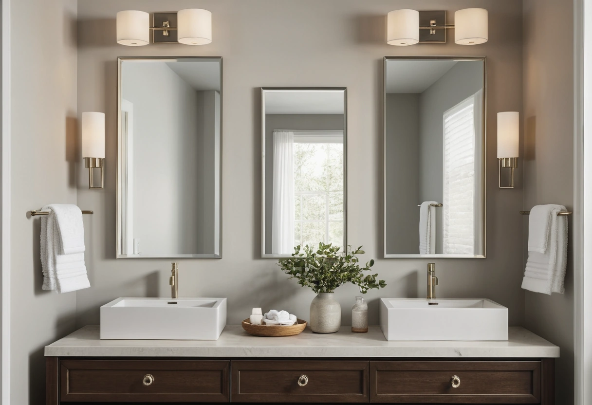 A symmetrical vanity with slim cylindrical sconces mounted on either side of a rectangular mirror.