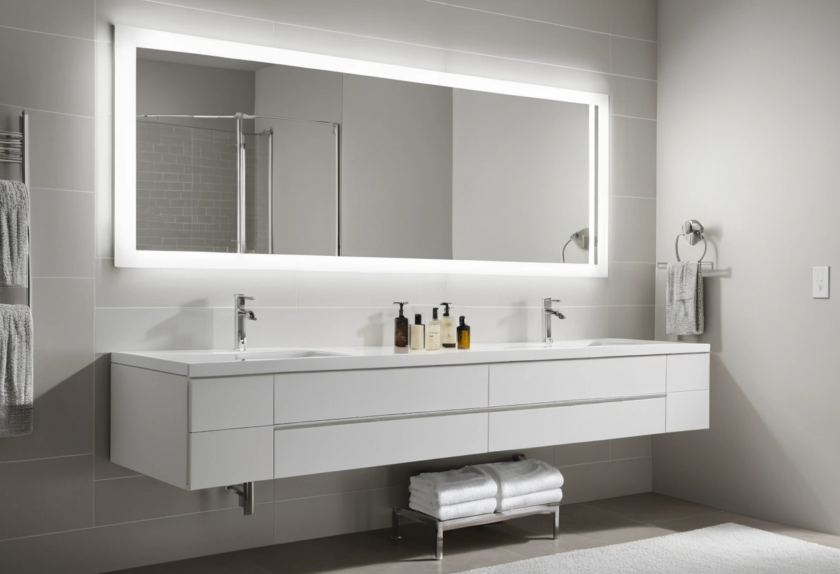 A double-sink vanity with a long horizontal bar light mounted above a wide wall mirror.