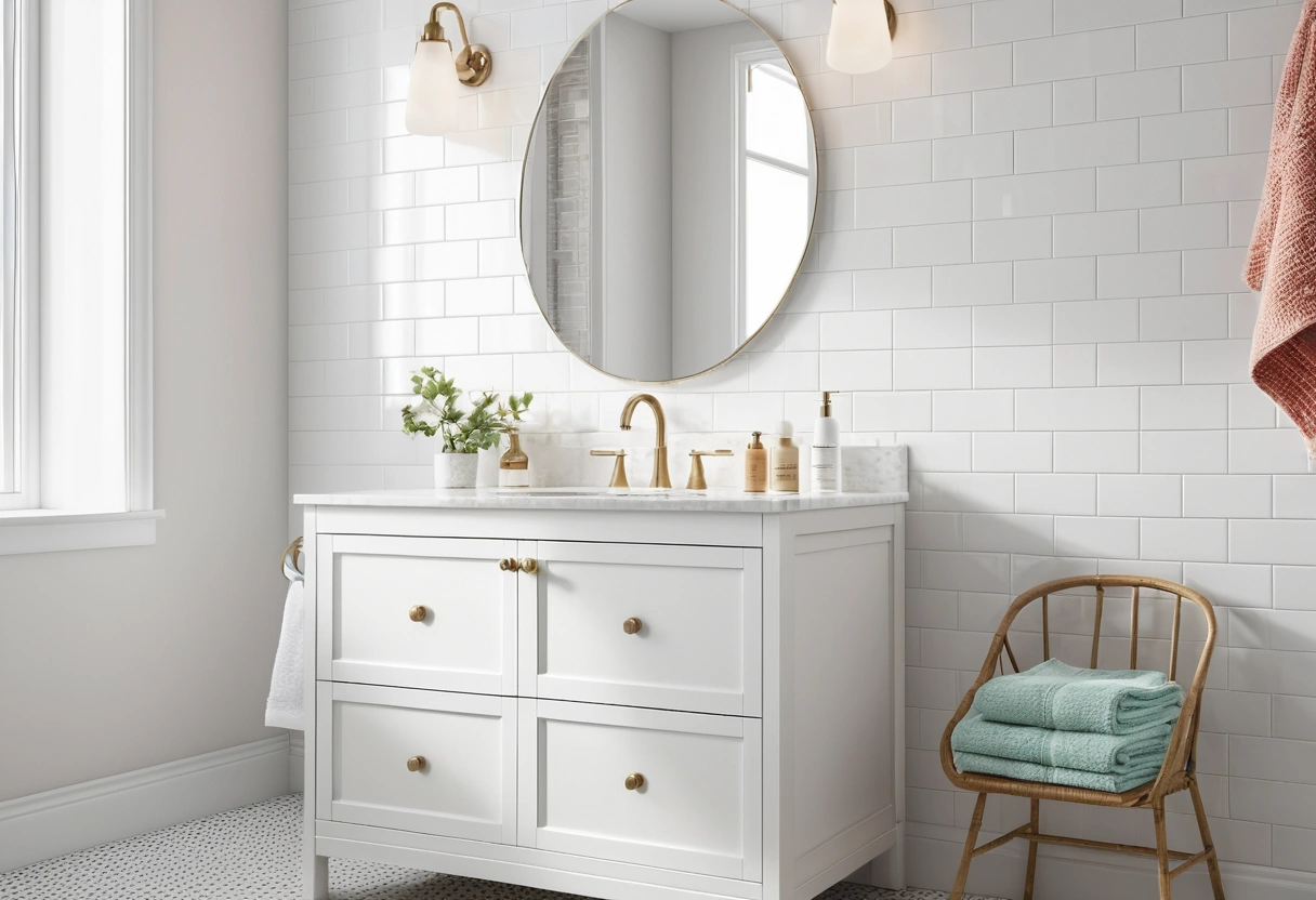 A brightly lit bathroom vanity with white tile and colorful towels rendered in crisp neutral light.