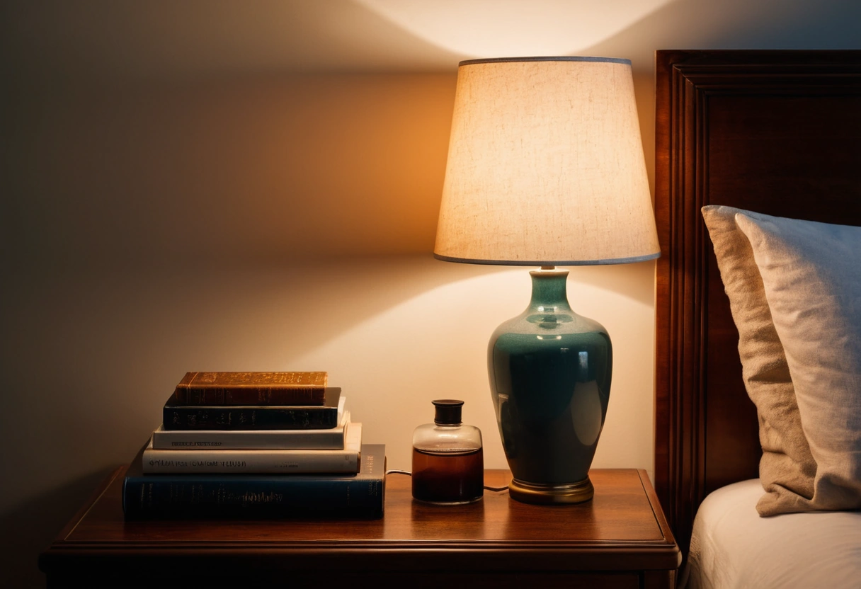 A close view of a wooden nightstand with a small ceramic lamp, a stack of books, and a carafe beside a bed.