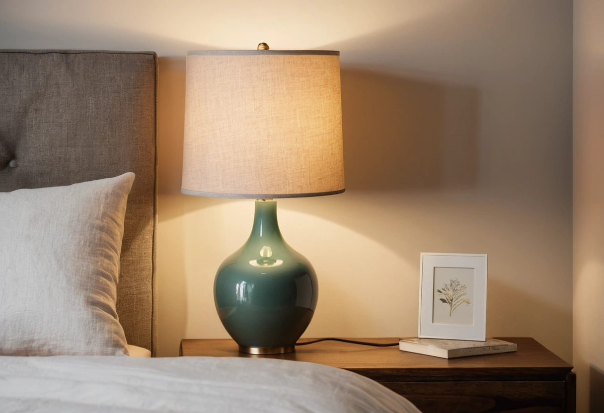 An eye-level view of a bedside table lamp whose linen shade sits near the height of the pillows.