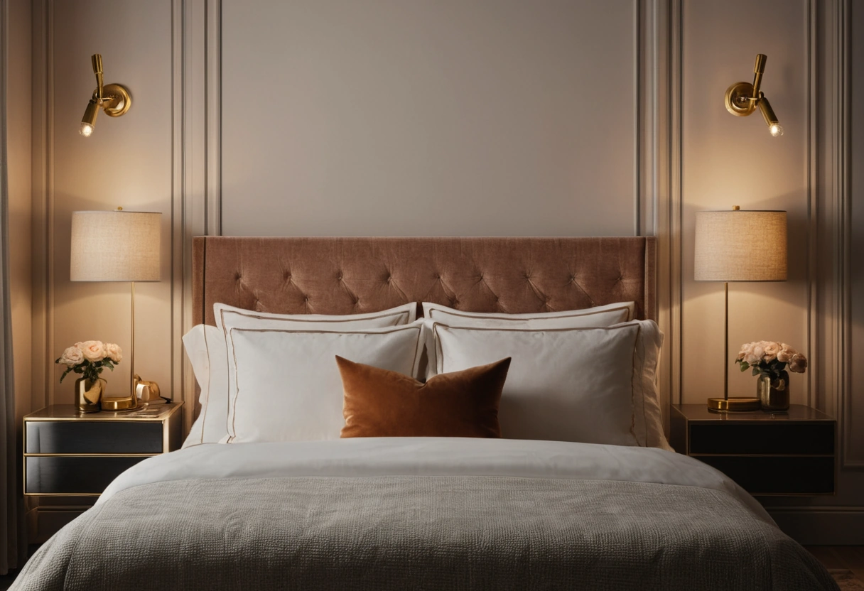 Brass swing-arm sconces mounted on the wall on either side of a tall upholstered headboard.