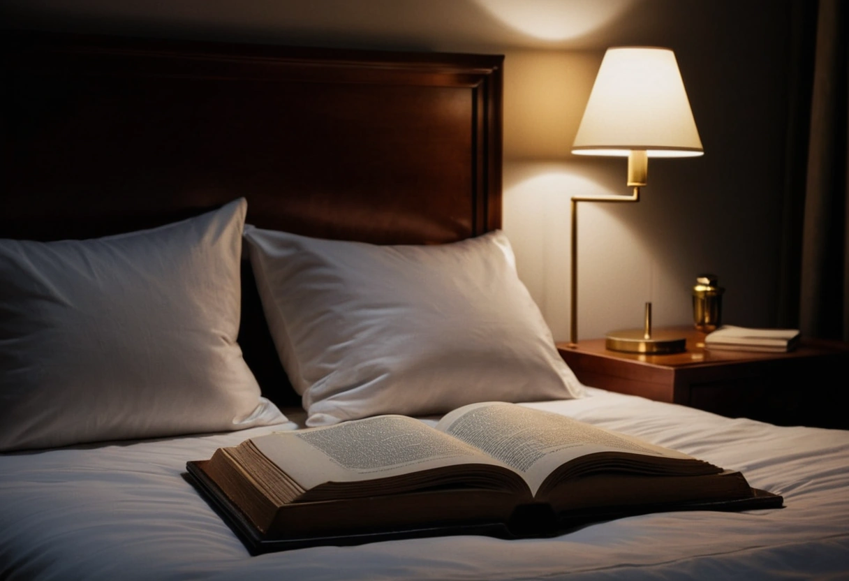 An adjustable sconce casting a small pool of light on an open book on a bed while the room stays dark.