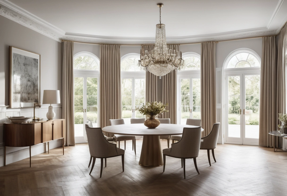 A wide view of a dining room with a chandelier hanging in proportion to the room and a round table beneath it.