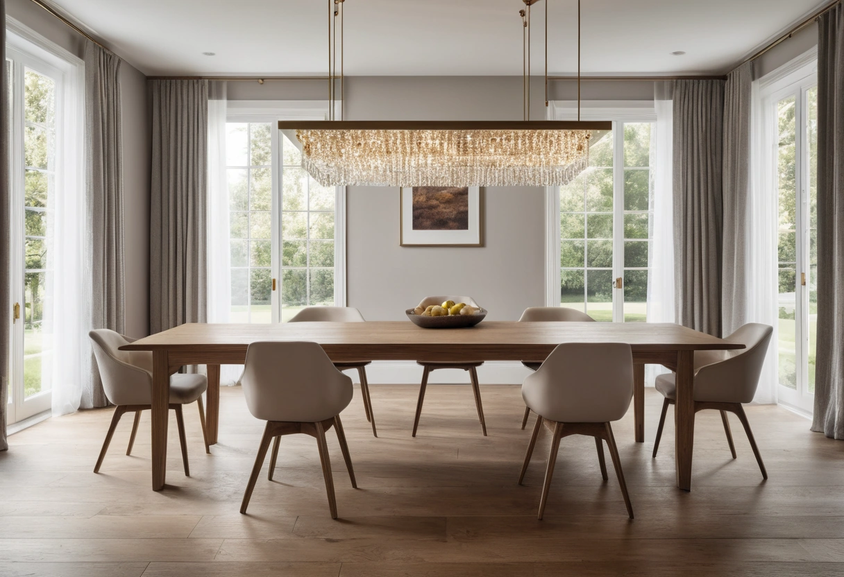 A linear chandelier hanging along the center of a long rectangular dining table, narrower than the tabletop.