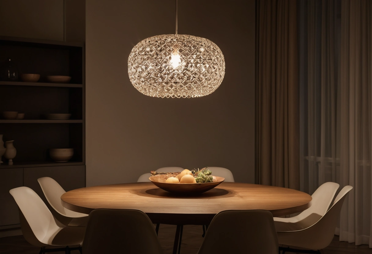 A side view of a pendant chandelier hanging above a dining table with clear space beneath the fixture.