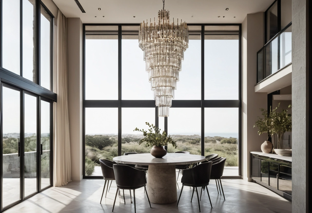 A tall tiered chandelier with thin metal arms hanging in a double-height dining room above a stone table.