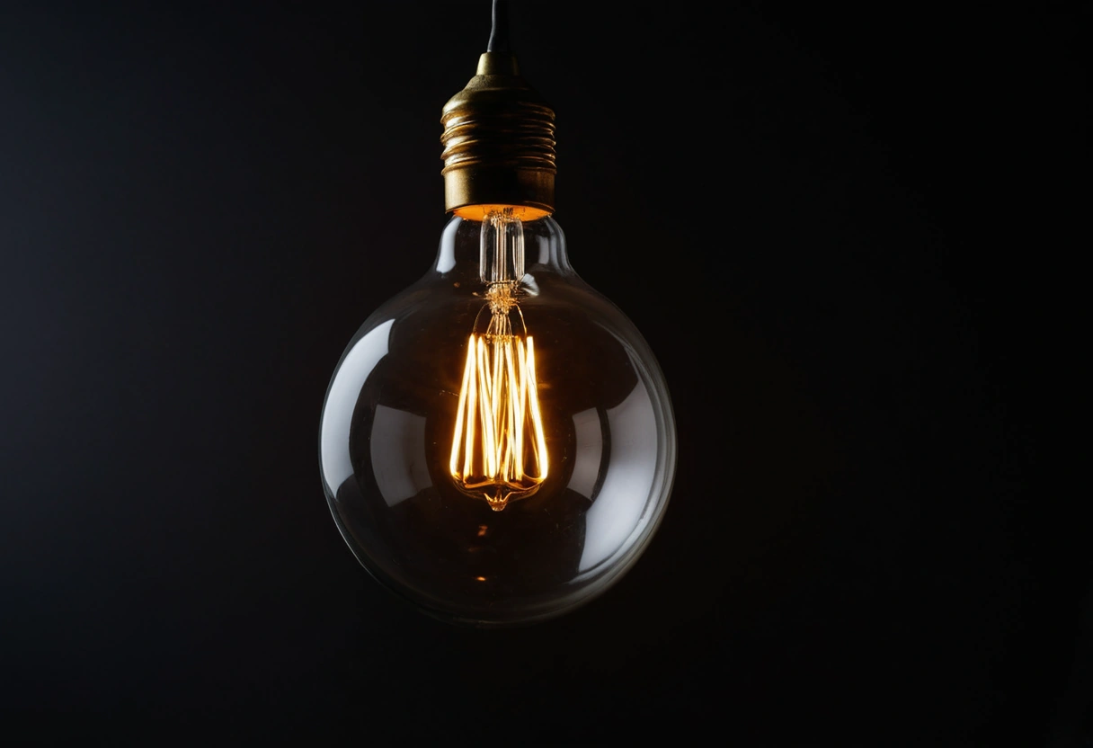 A close view of a glowing LED filament bulb inside a clear glass pendant against a dark background.
