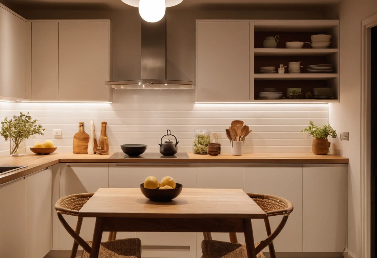 A brightly lit kitchen work area beside a softer, dimmer dining nook in the same open space.