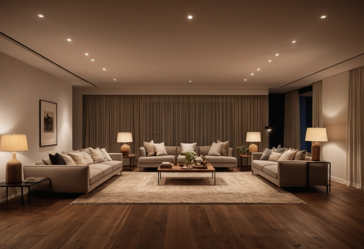 A high-angle view of a living room lit evenly by several recessed downlights and two table lamps.