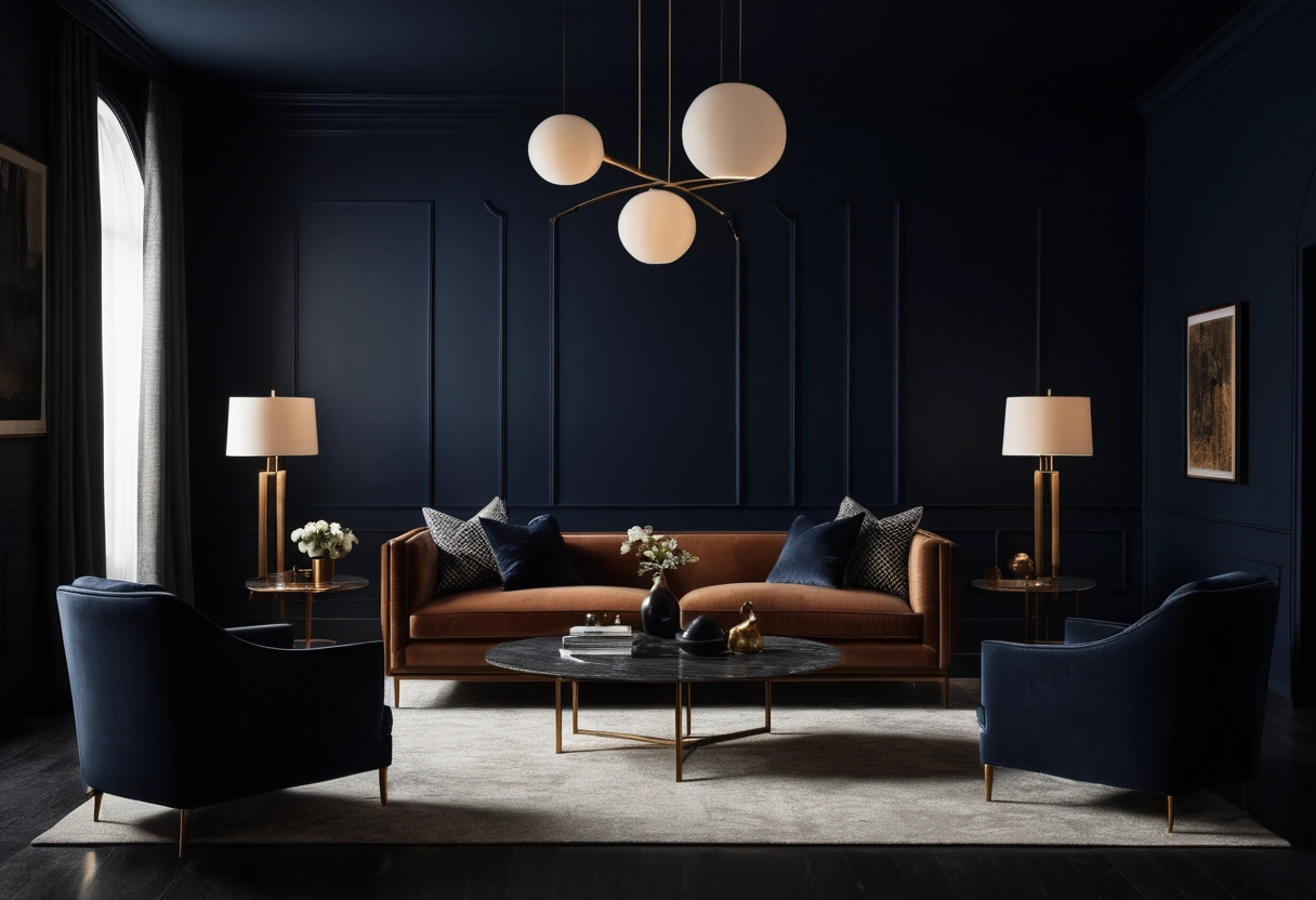 A living room with deep navy walls and a tall ceiling lit by an arc floor lamp, table lamps, and downlights.